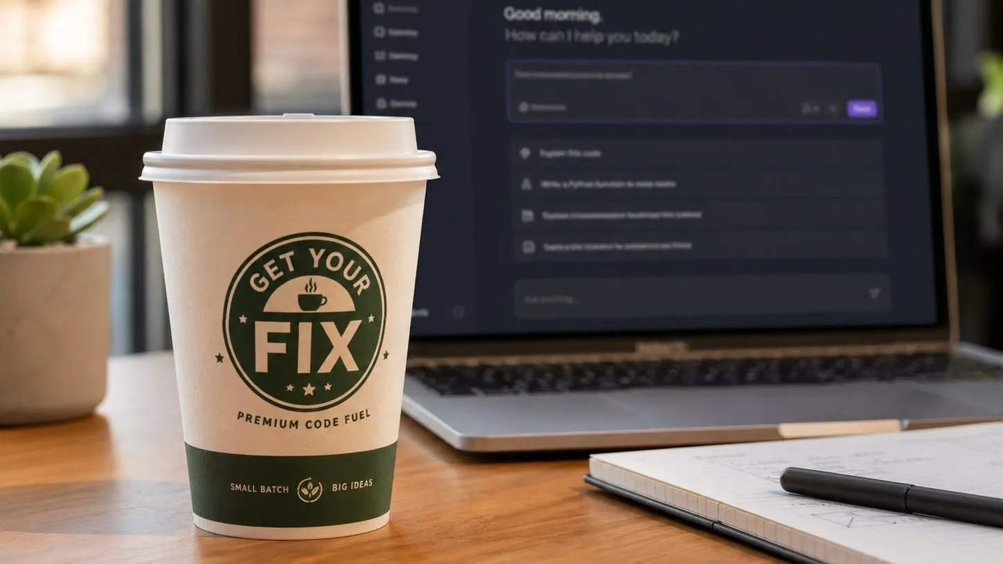 A paper cup branded “Get Your Fix: Premium Code Fuel” beside an open laptop showing an AI chat prompt.