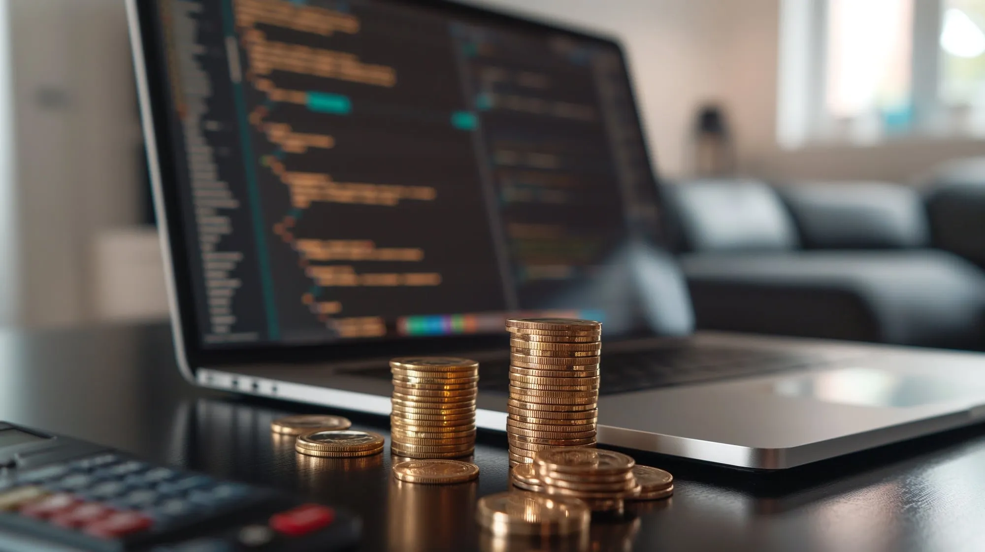 Stacks of coins beside a laptop showing code.