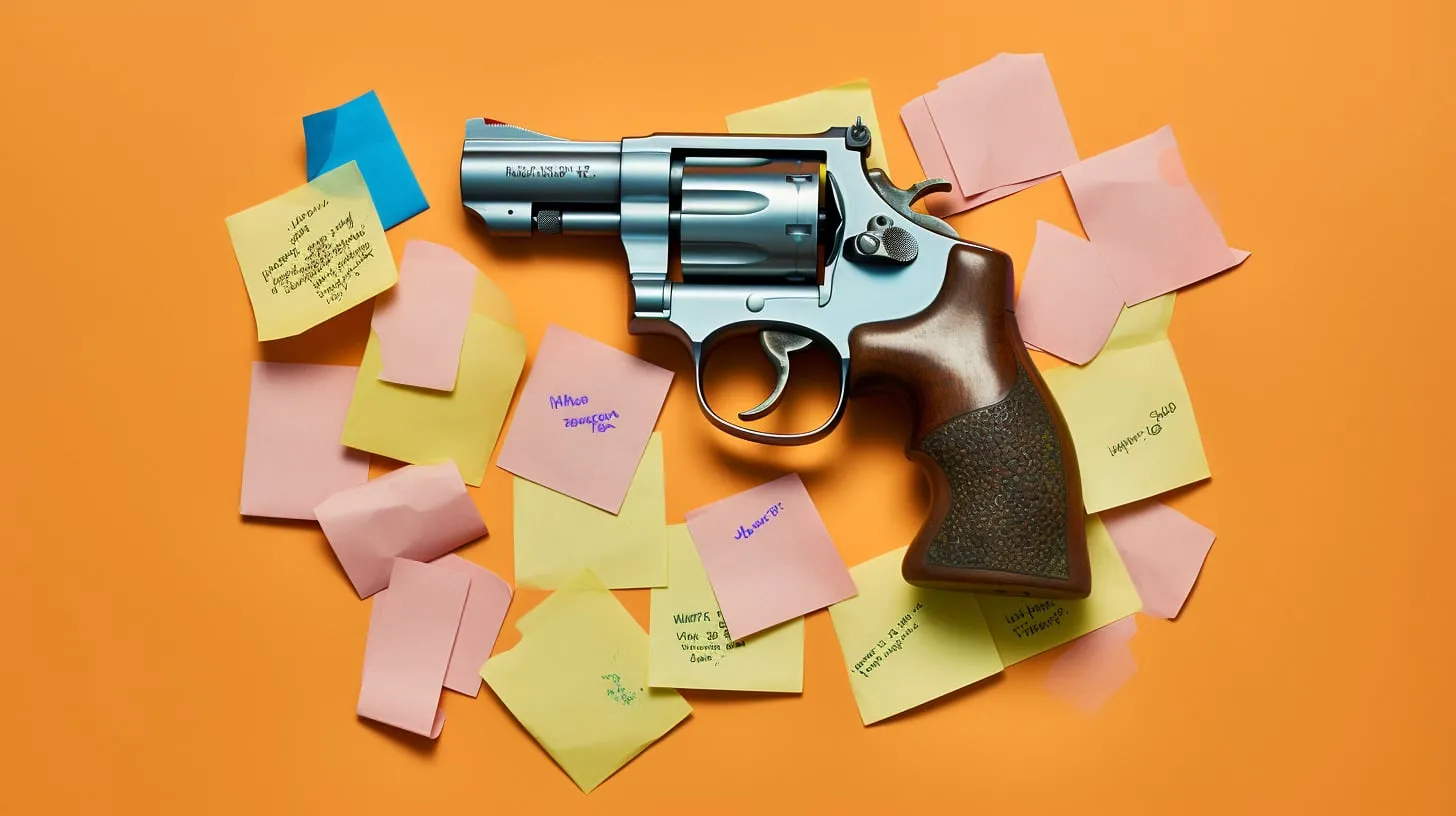 A revolver lying on a heap of sticky notes against an orange background.