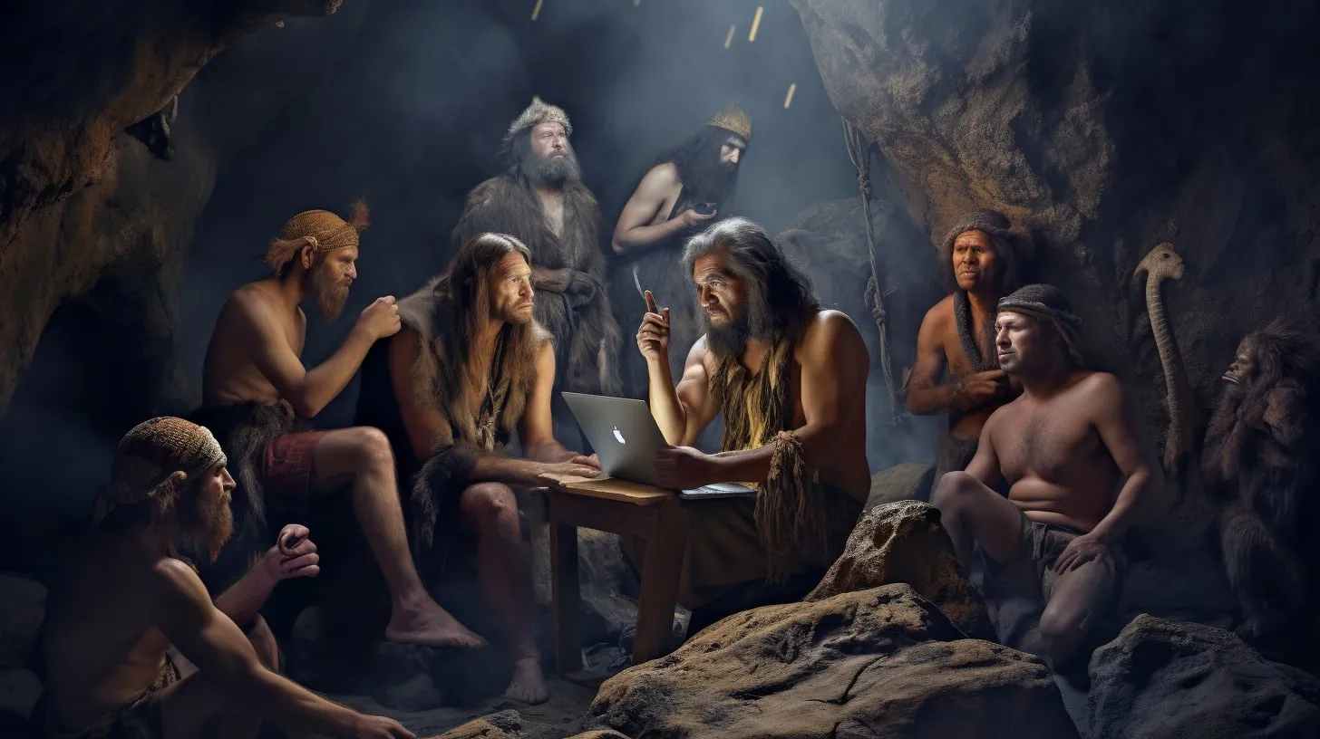 Cavemen sitting around a laptop inside a cave, as if holding a daily scrum.