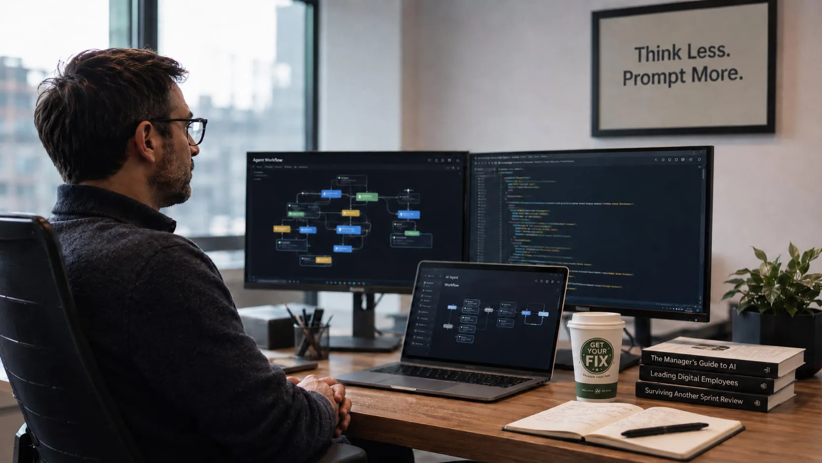 An engineer at a two-monitor desk under a sign reading “Think Less. Prompt More.”, a Get Your Fix cup beside the keyboard.
