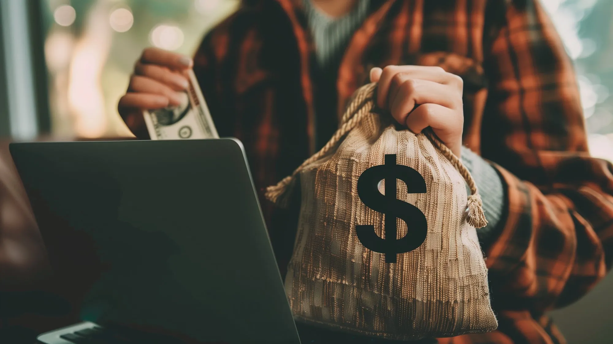 A hand dropping a dollar bill into a money bag marked with a dollar sign, a laptop behind it.