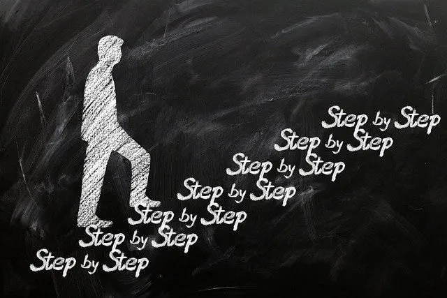 A chalk figure walking up stairs made of the words “Step by Step”.