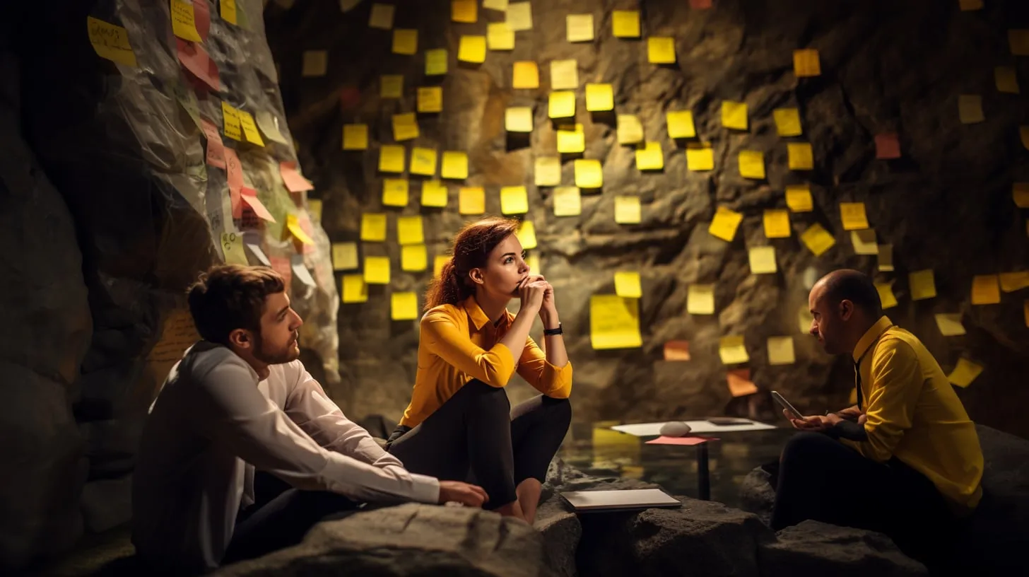Three coworkers in a cave whose walls are covered in yellow sticky notes.