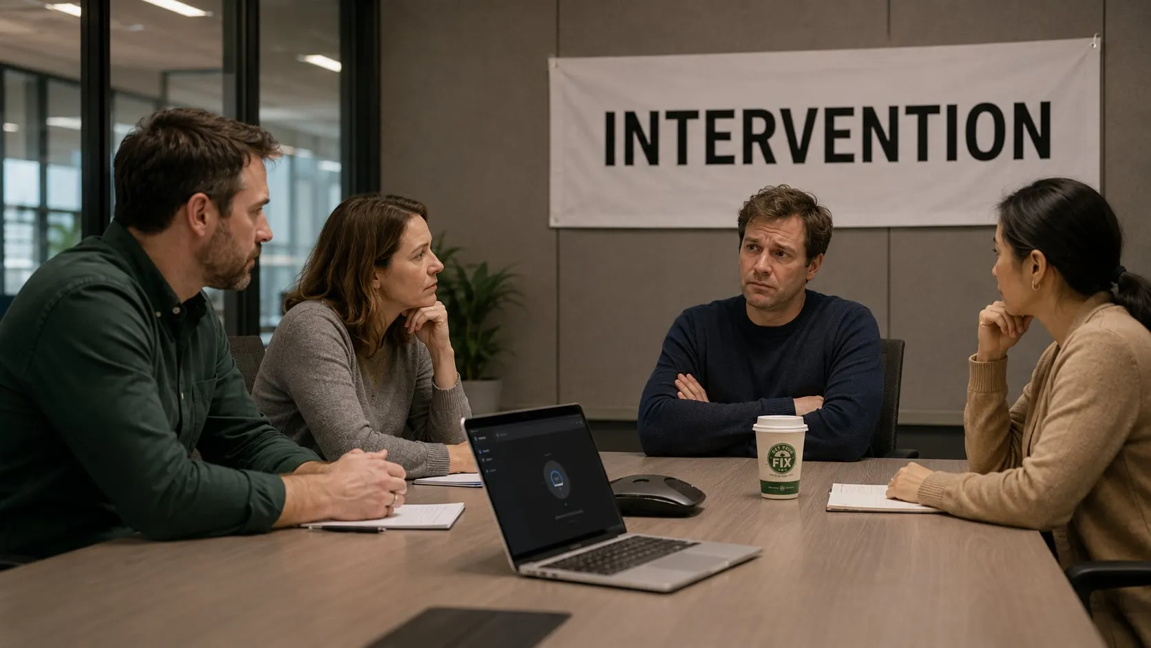 Four colleagues around a meeting table under an “Intervention” banner, a Get Your Fix cup on the table.