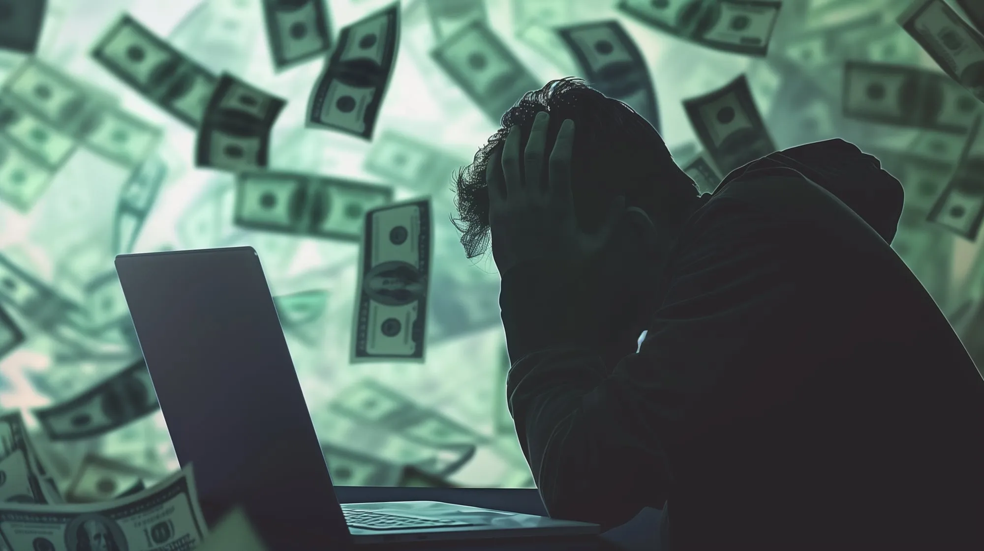 A silhouetted developer with head in hands at a laptop while banknotes rain down.