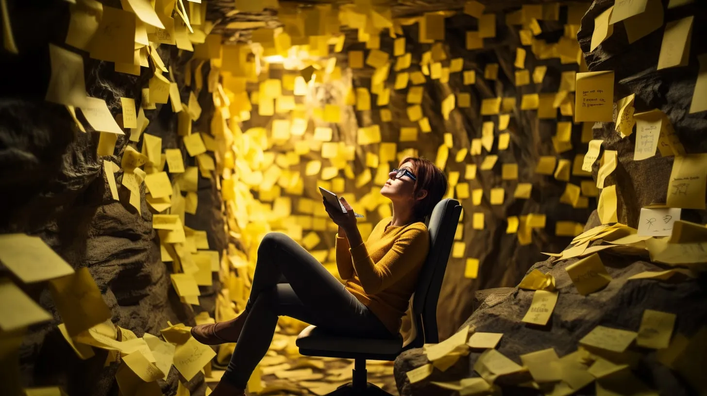 A woman in an office chair in a cavern overflowing with sticky notes.