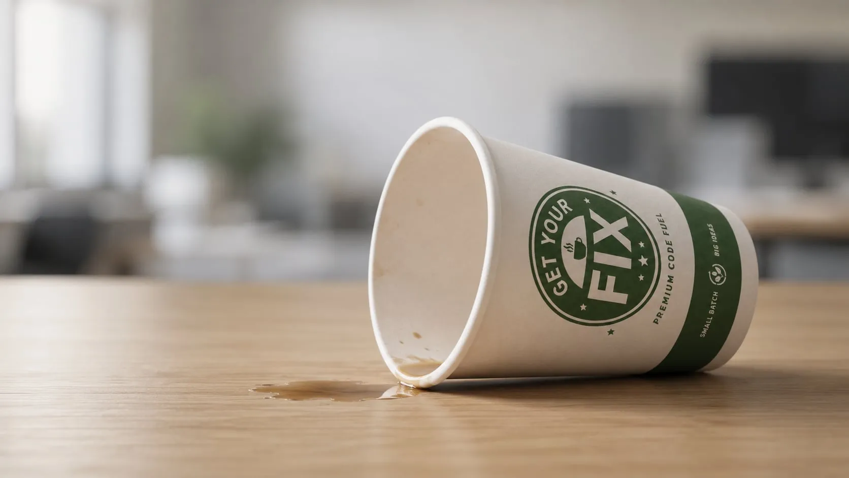 A knocked-over Get Your Fix cup lying on a desk, coffee pooling beside it.