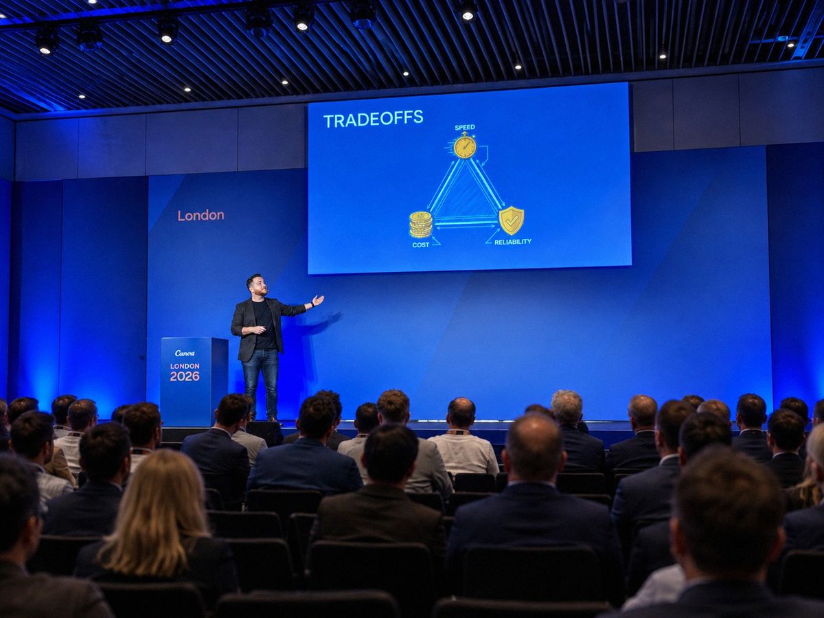 Illustration: Yossi on a blue-lit stage pointing to a slide of the speed–cost–reliability tradeoff triangle, an audience in the foreground